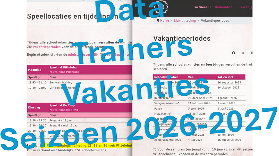 Data, trainers, vakantie seizoen 2026/2027